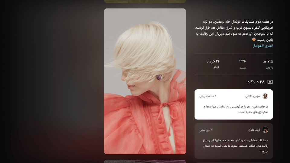 پنل جزئیات ویدیوی کوتاه با توضیح، آمار و دیدگاه‌ها